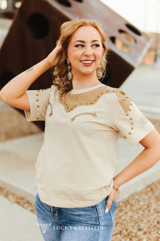 Beige Western Khaki Studded Embroidered Short Sleeve Shirt
