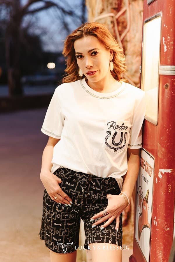 White Rodeo Horse Shoe Embroidered Short Sleeve Tee By L&B