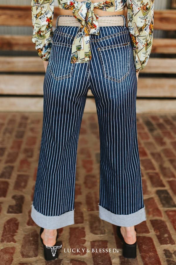 Dark Wash Striped Cuffed Boyfriend Western Jeans (28in) By L&B