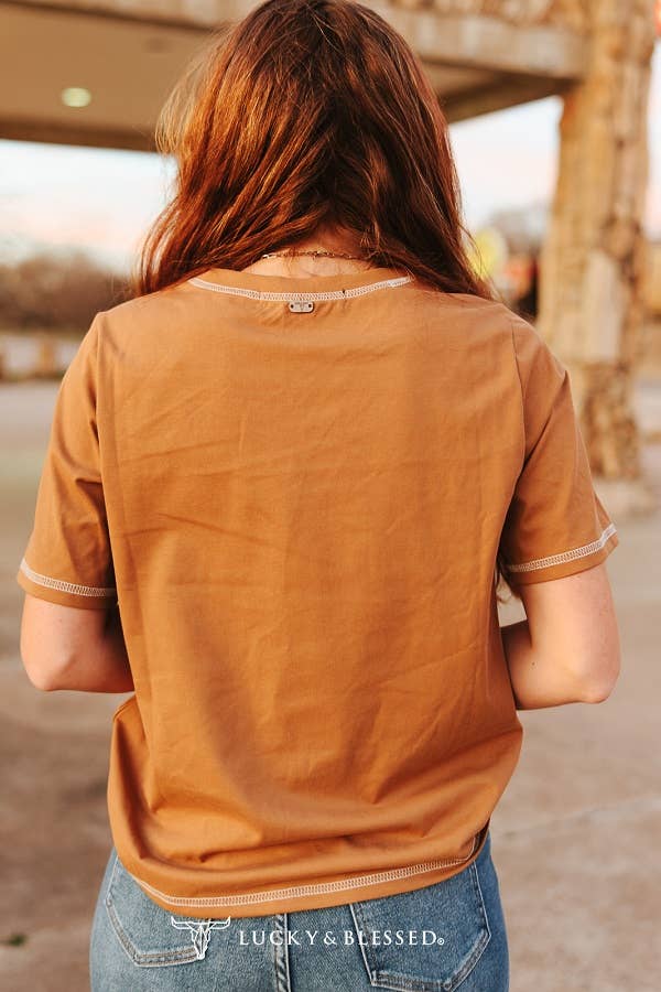 Camel Horse Contrast Embroidered Short Sleeve Pocket Tee