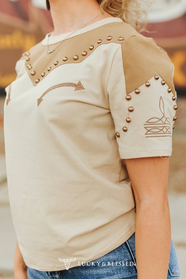 Beige Western Khaki Studded Embroidered Short Sleeve Shirt