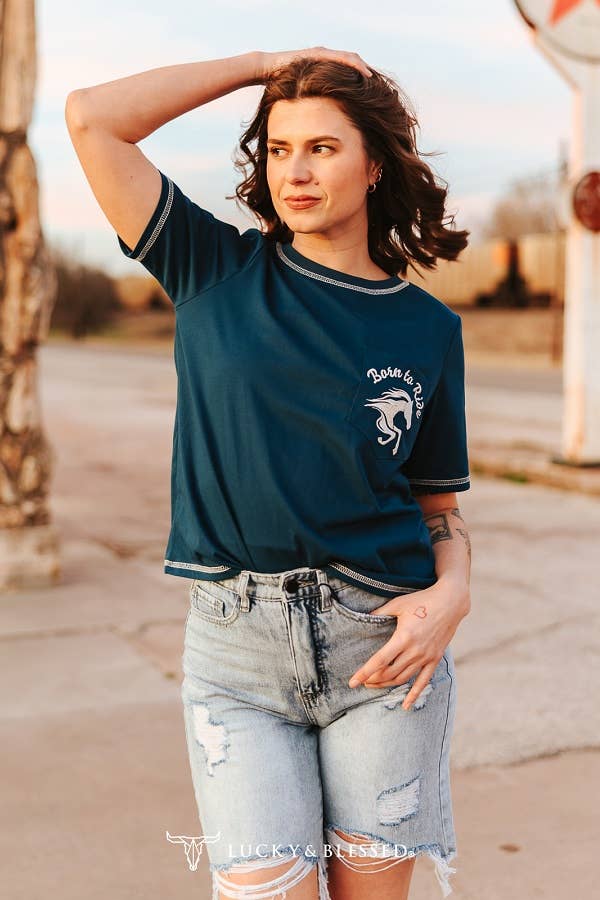 Navy Born To Ride Horse Embroidered Short Sleeve Pocket Tee