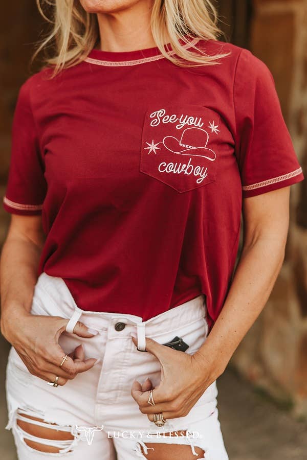 Burgundy See You Cowboy Contrast Embroidered Short Sleeve By L&B