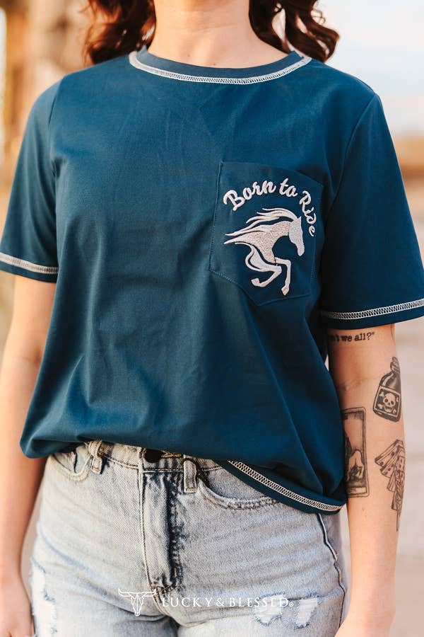 Navy Born To Ride Horse Embroidered Short Sleeve Pocket Tee