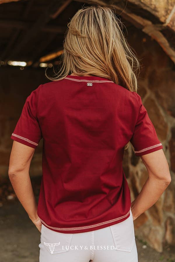 Burgundy See You Cowboy Contrast Embroidered Short Sleeve By L&B