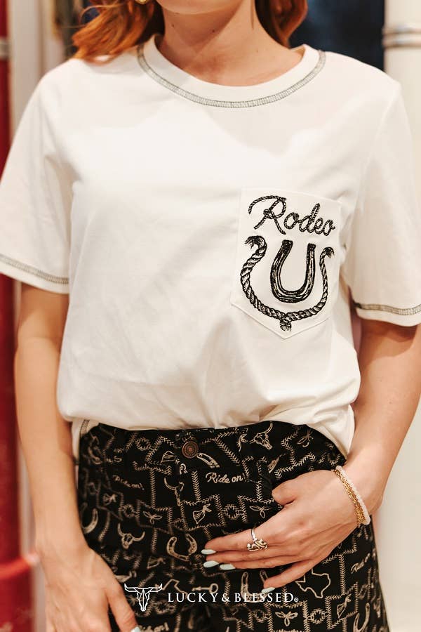 White Rodeo Horse Shoe Embroidered Short Sleeve Tee By L&B