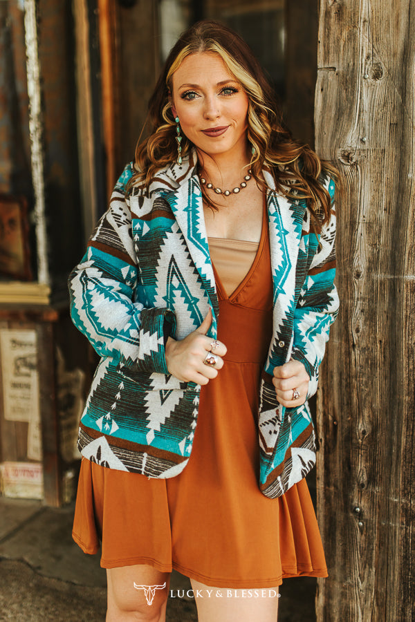 Turquoise Blue Aztec Button Down Blazer L&B