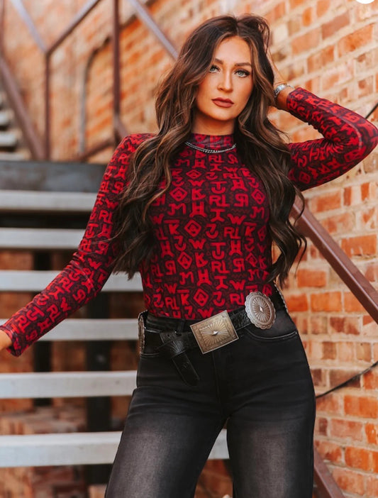 Red Cattle Brand  L/S Mesh Top By L&B