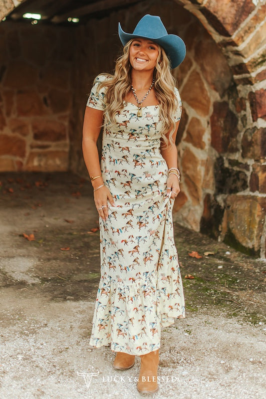 Cream Running Horse Dress by Lucky & Blessed