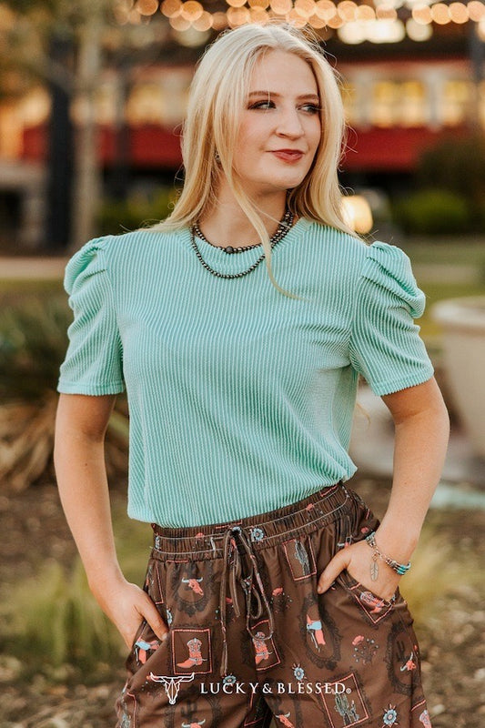 Turquoise Puff Short Sleeve Top By L&B