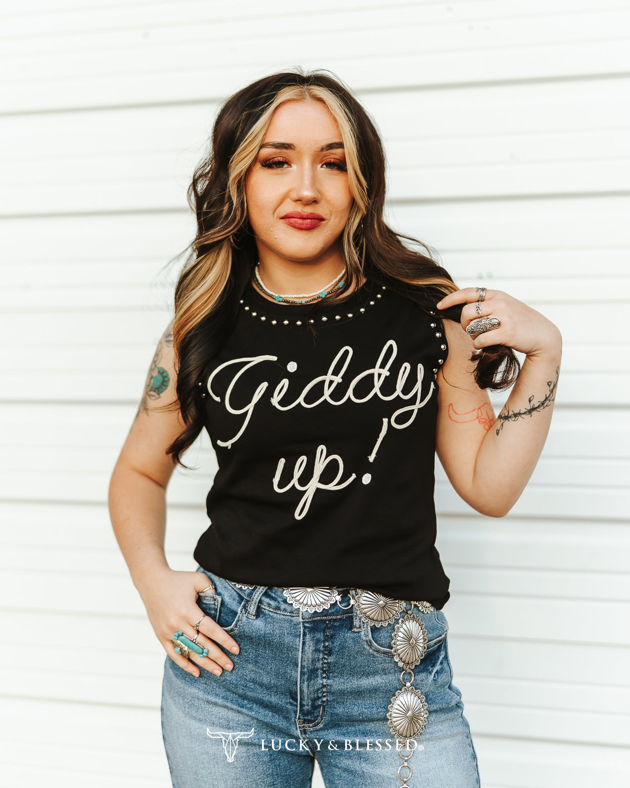 Black Giddy Up Vintage Silver Studded Tank Top By L&B