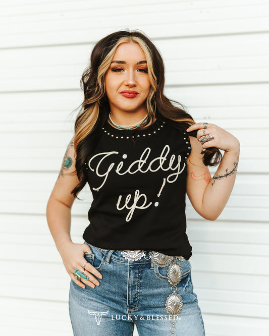 Black Giddy Up Vintage Silver Studded Tank Top By L&B