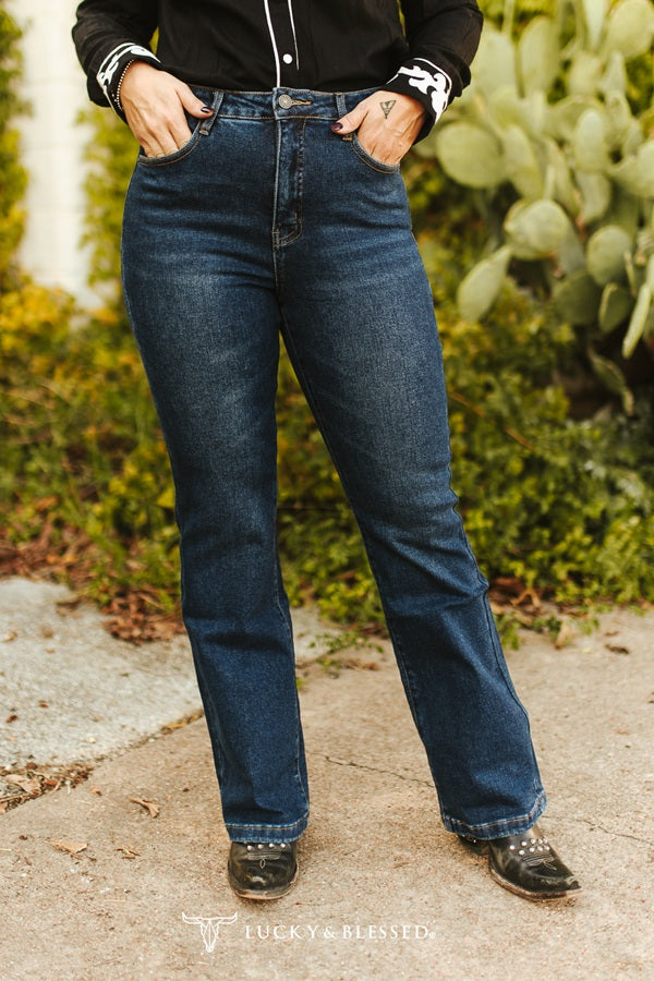 Dark Wash High Rise Vintage Side Button Detail Bootcut Jeans (32in Inseam) By L&B