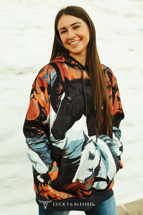 Black Horse Collage Printed Drawstring Hoodie By L&B