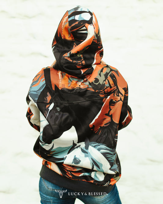 Black Horse Collage Printed Drawstring Hoodie By L&B