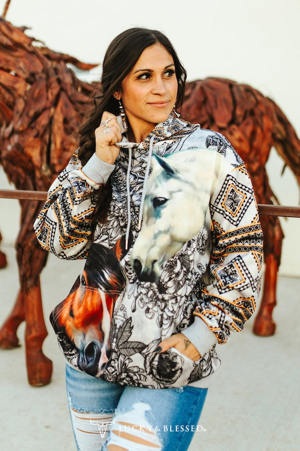 Aztec Horse Printed Drawstring Hoodie By L&B