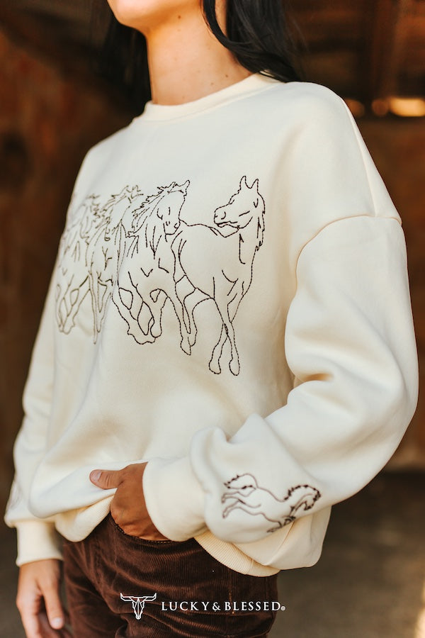 Cream Western Horse Embroidered Sweatshirt By L&B