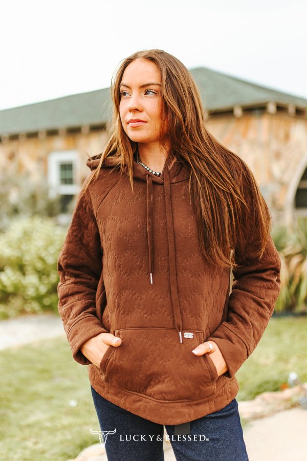 Brown Quilted Drawstring Front Pocket Hoodie By L&B