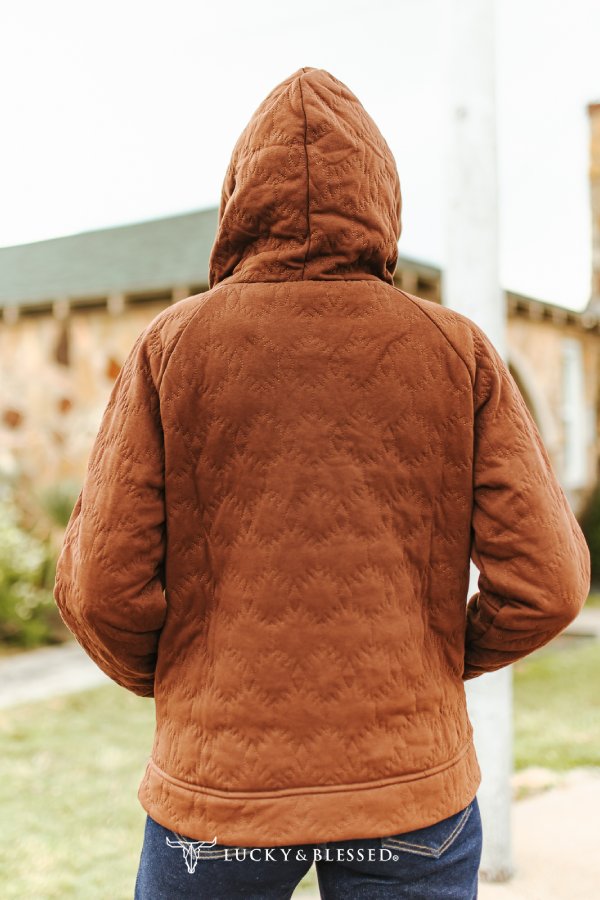 Brown Quilted Drawstring Front Pocket Hoodie By L&B