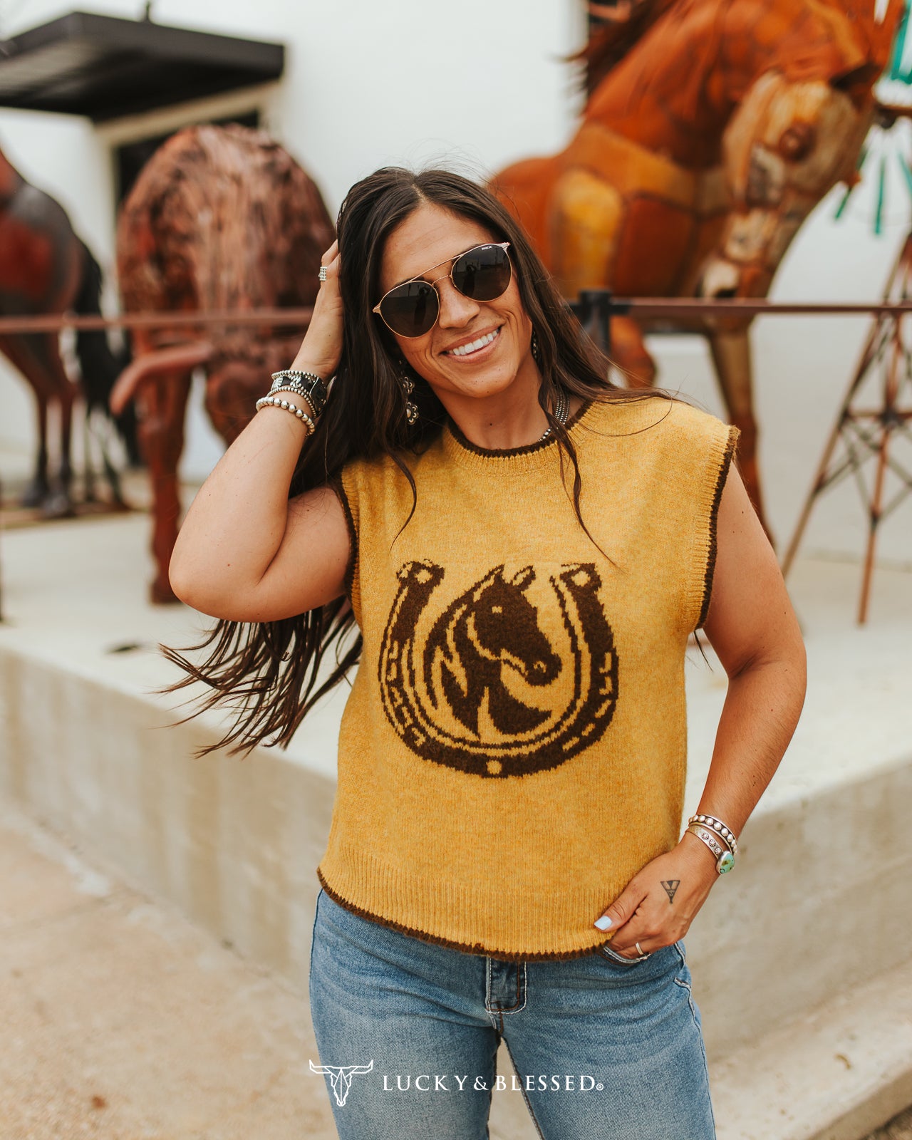 Camel Horseshoe Sleeveless Sweater By L&B