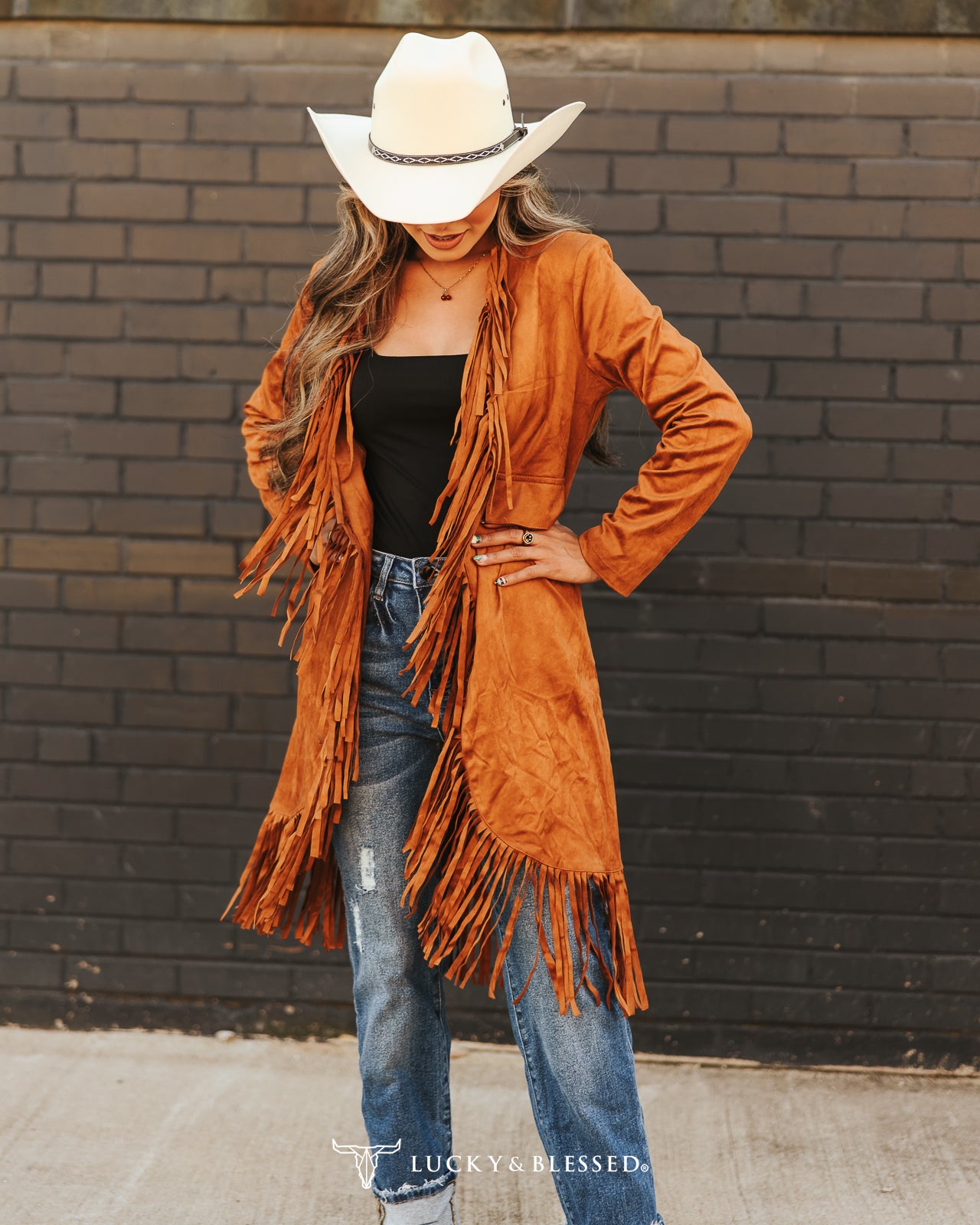 Camel Faux Suede Vest W Fringed Hem By L&B
