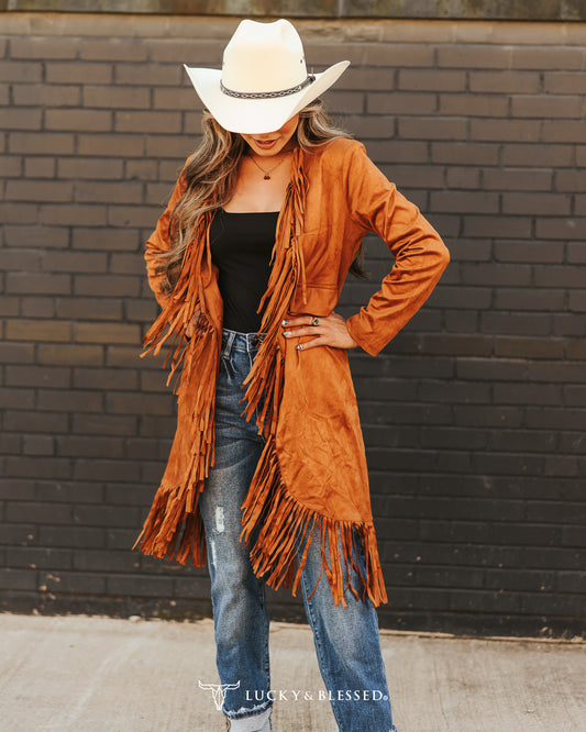 Camel Faux Suede Vest W Fringed Hem By L&B
