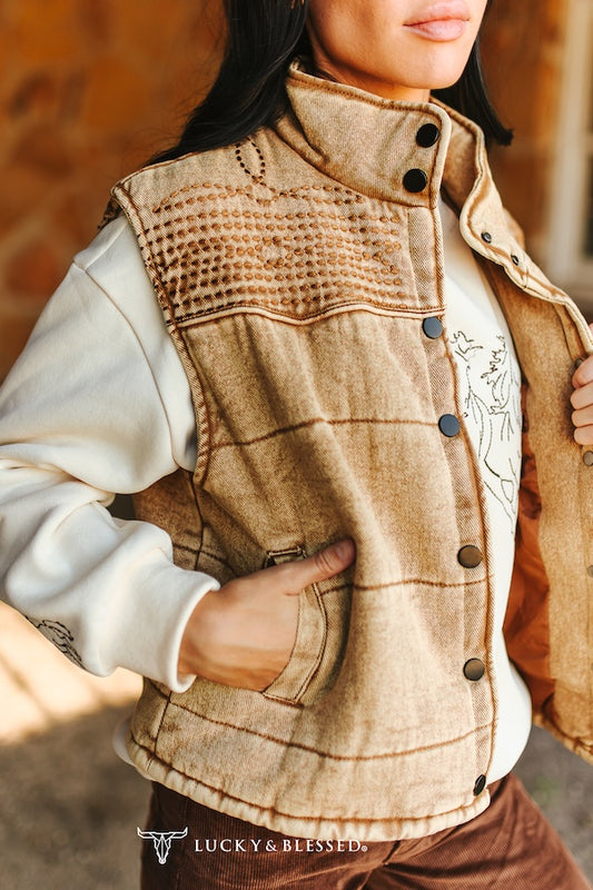 Camel Denim Puffer Embroidered Vest By L&B