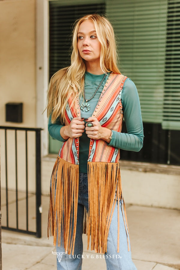 Camel Serape Aztec Vintage Studded Fringe Vest By L&B