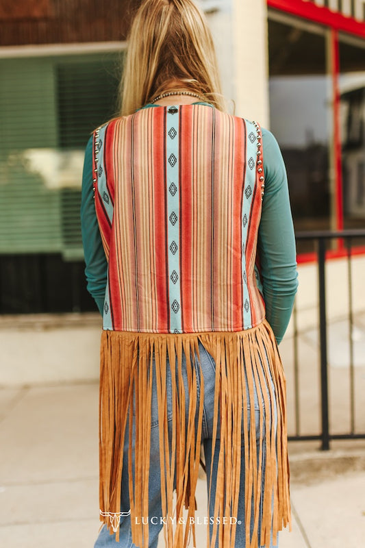 Camel Serape Aztec Vintage Studded Fringe Vest By L&B