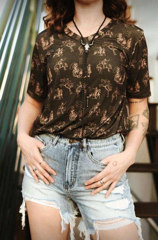 Black Western Short Sleeve V Neck Top By L&B