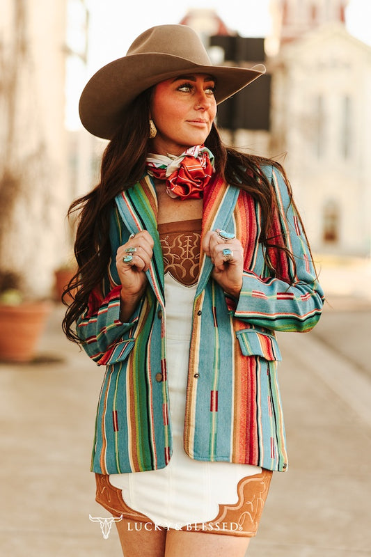 Jacquard Woven Jade Serape Blazer By Lucky & Blesses