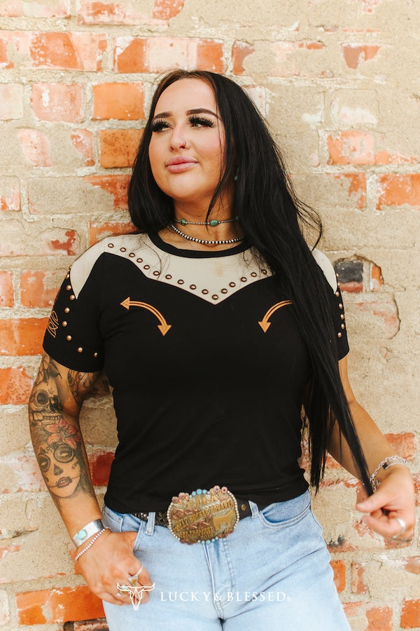 Black Western Beige Contrast Studded Top By L&B