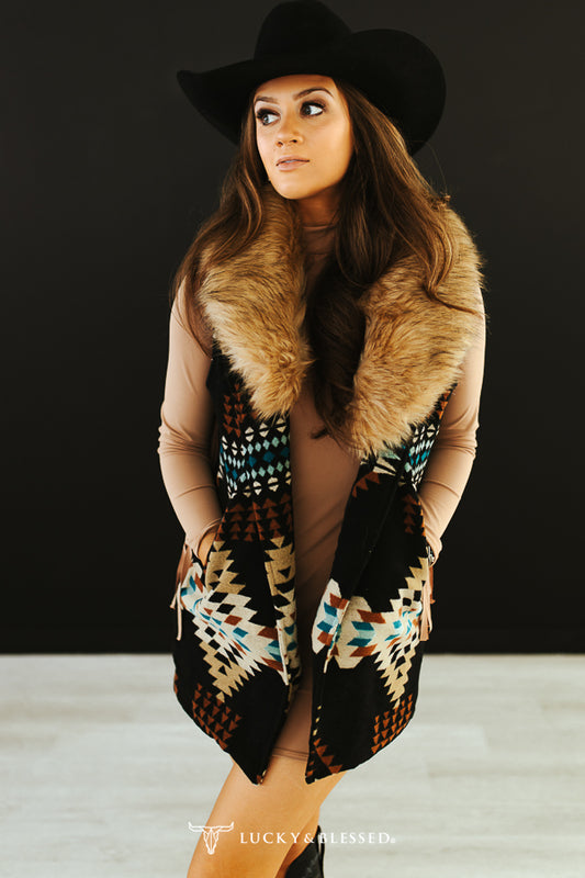 Black Aztec W Fur Collar Vest By Lucky & Blessed