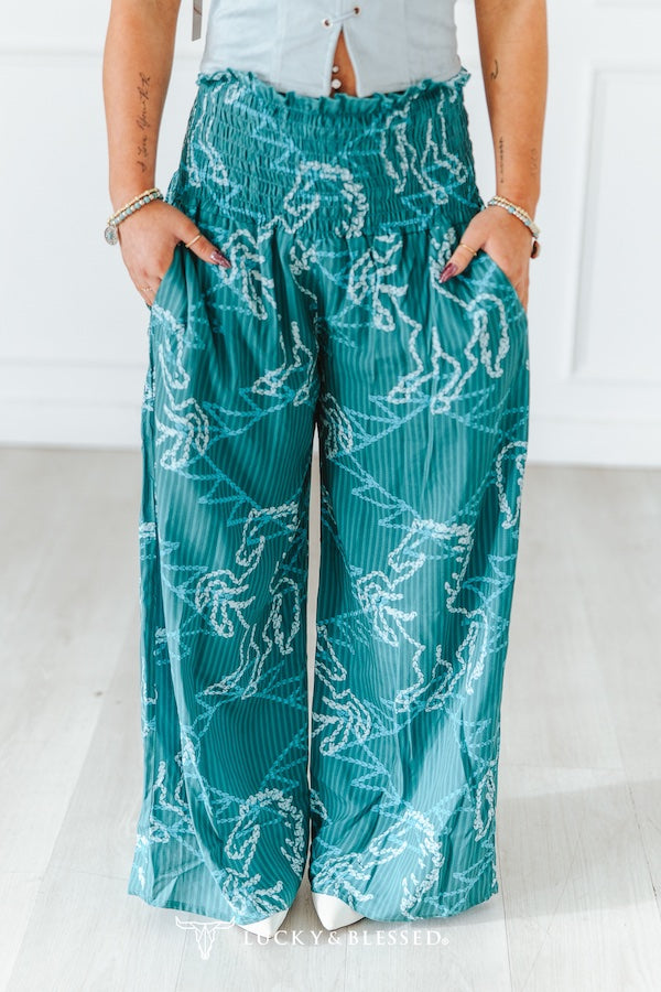 Teal Horse Printed High Rise Smock Elastic Waistband Pants By L&B