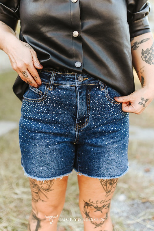 Mid Wash Rhinestone Unfinished Hem Shorts By L&B