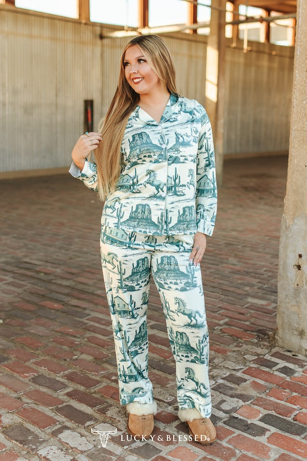 Cream Jade Western Print PJ Pants Set By L&B