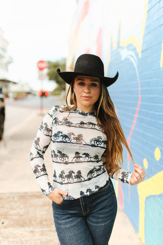 Ivory Running Horse LS Mesh Top By L&B