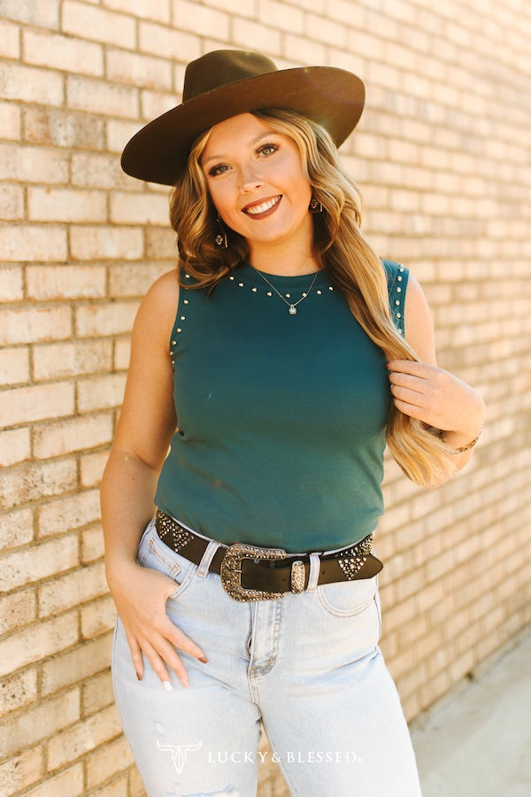 Teal Vintage Silver Studded Tank Top By L&B