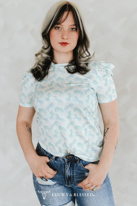 Mint Horse Printed Puff Short Sleeve Top By L&B
