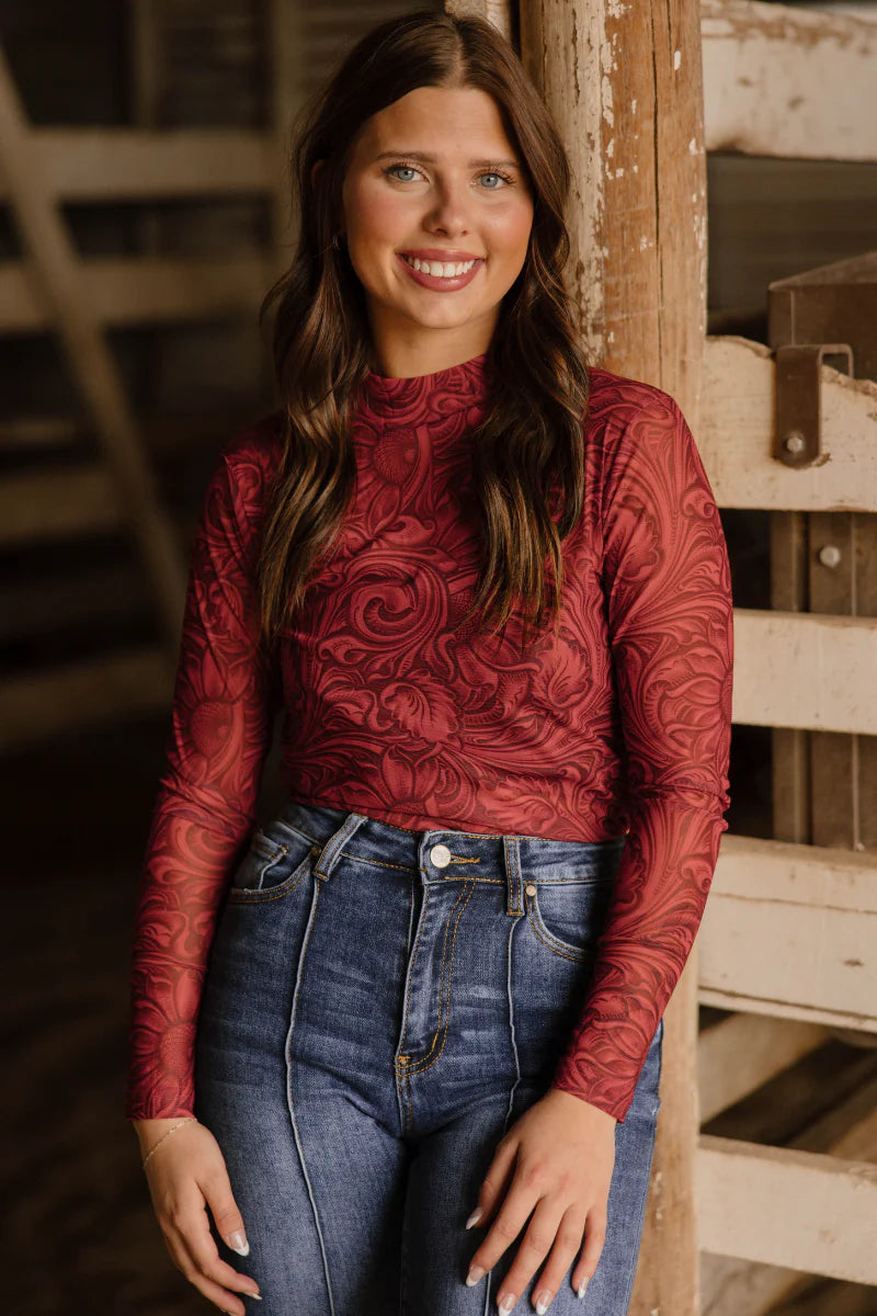 Tooled In Red Mesh Top By Sterling Kreek
