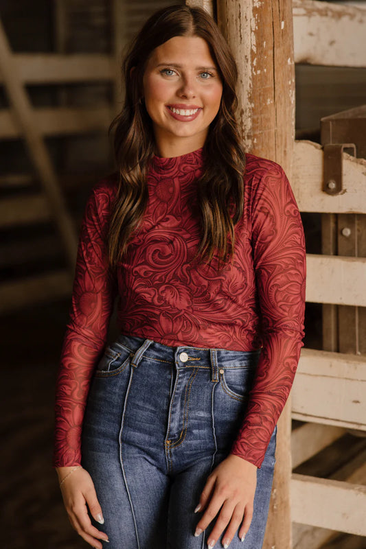 Tooled In Red Mesh Top By Sterling Kreek