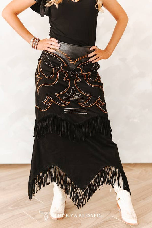 Black Boot Stitch Suede Fringe Skirt W Leather Upper Yoke By L&B