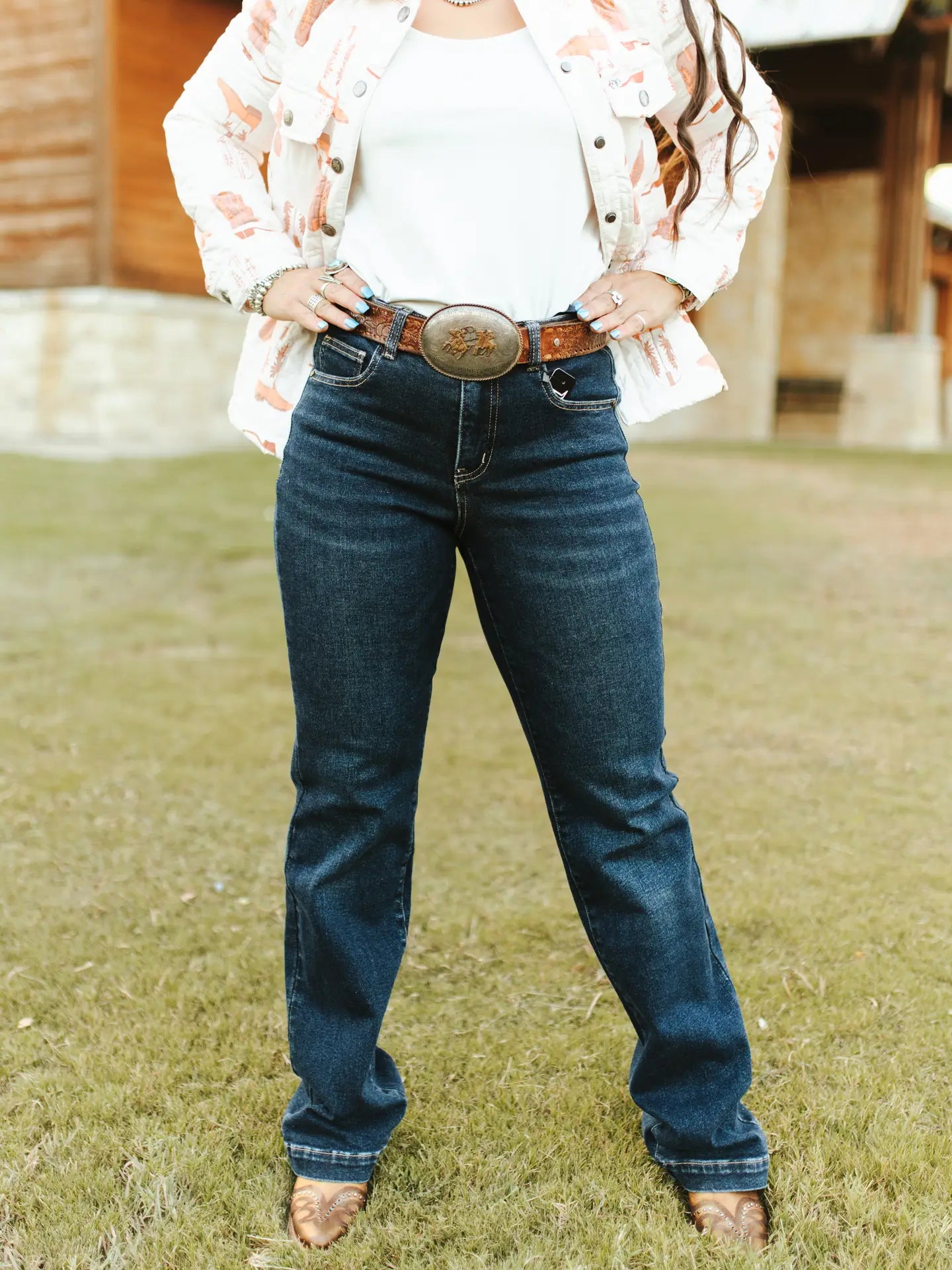 Dark Wash High Rise Western Yoke Trouser Jeans By L&B