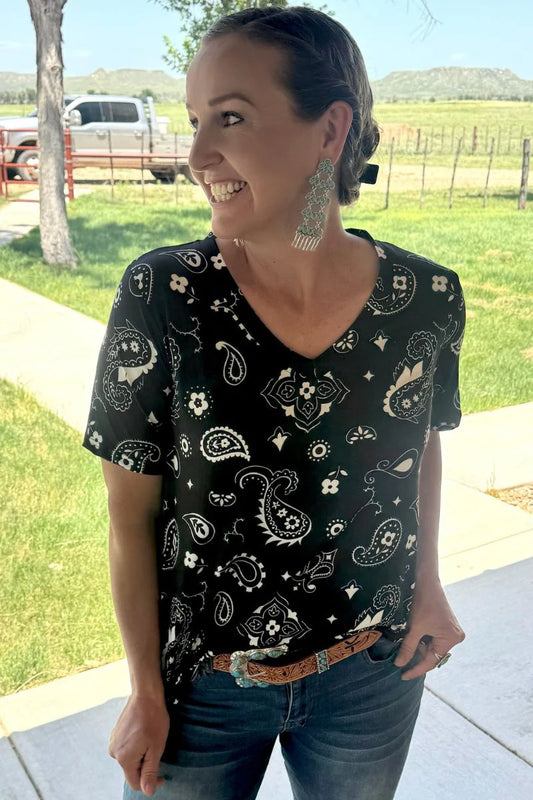 Black Bandana Babe V Neck Top By Sterling Kreek