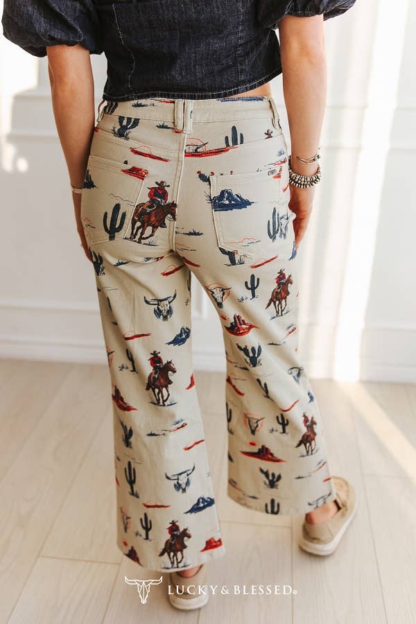 Western Printed Mid Rise Denim Wide Leg Crop Jeans (28in) By L&B