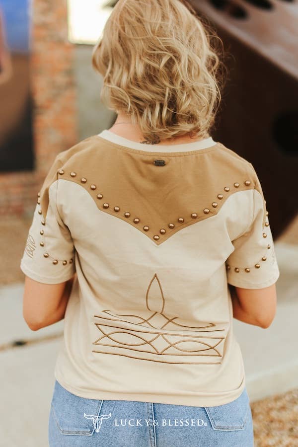 Beige Western Khaki Studded Embroidered Short Sleeve Shirt