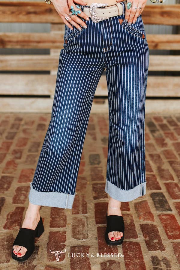 Dark Wash Striped Cuffed Boyfriend Western Jeans (28in) By L&B