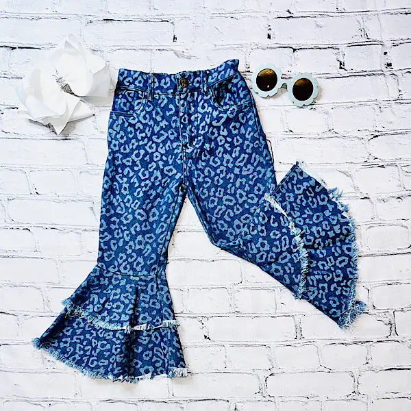 Kids Dark Blue Cheetah Flare Bell Bottoms