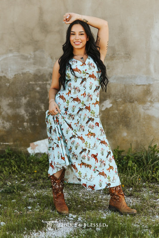 Light Blue Western Pearl Snap Sleeveless Dress By L&B