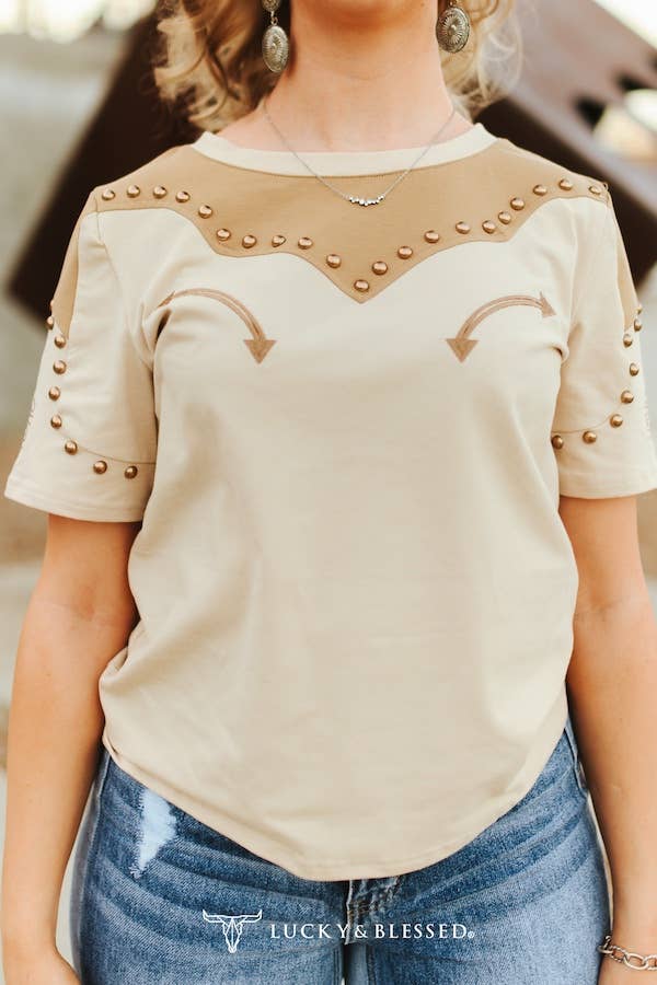 Beige Western Khaki Studded Embroidered Short Sleeve Shirt